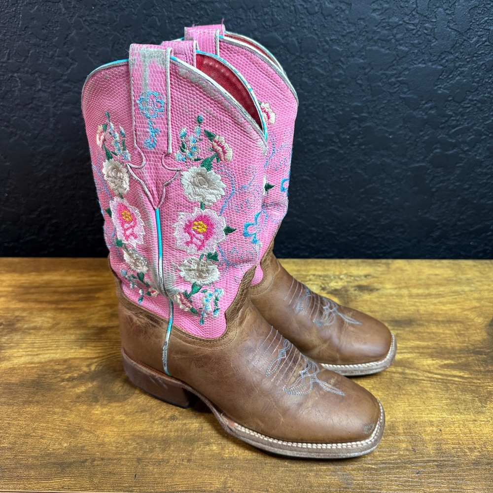 Macie Bean 464 Brown Pink Floral Leather Western Boots Girl 1C